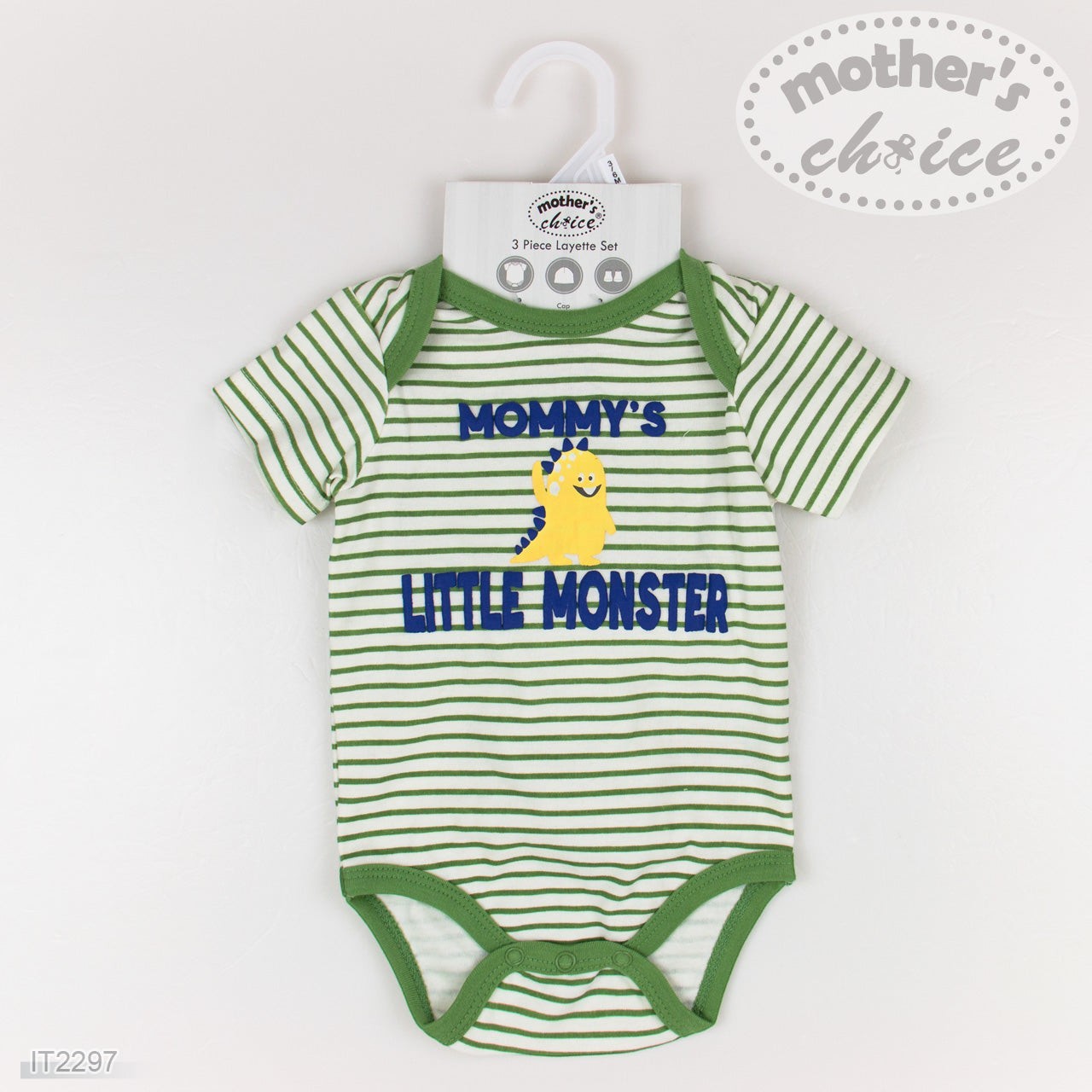 Green and white striped baby onesie with 'Mommy's Little Monster' text on a hanger with 'Mother's Choice' packaging.