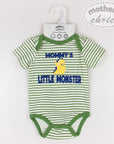 Green and white striped baby onesie with 'Mommy's Little Monster' text on a hanger with 'Mother's Choice' packaging.