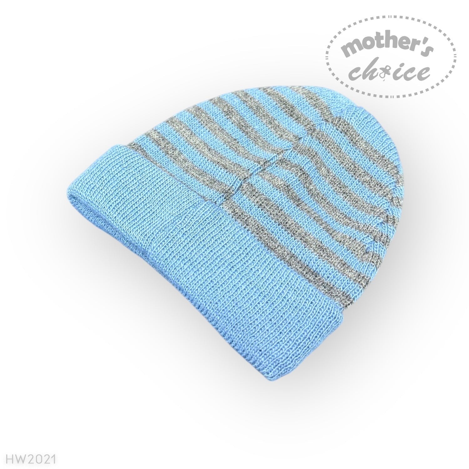 Blue knit baby hat with gray stripes on a white background, featuring 'mother's choice' branding.