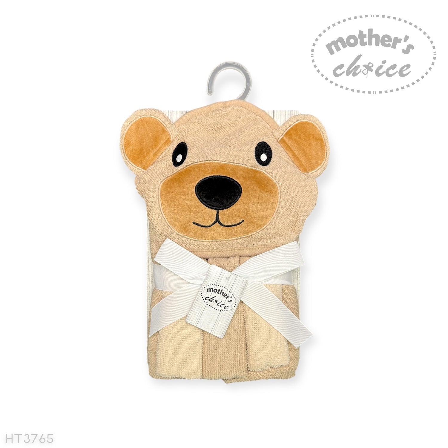 Bear-shaped towel with a white ribbon and 'Mother's Choice' tag on a white background