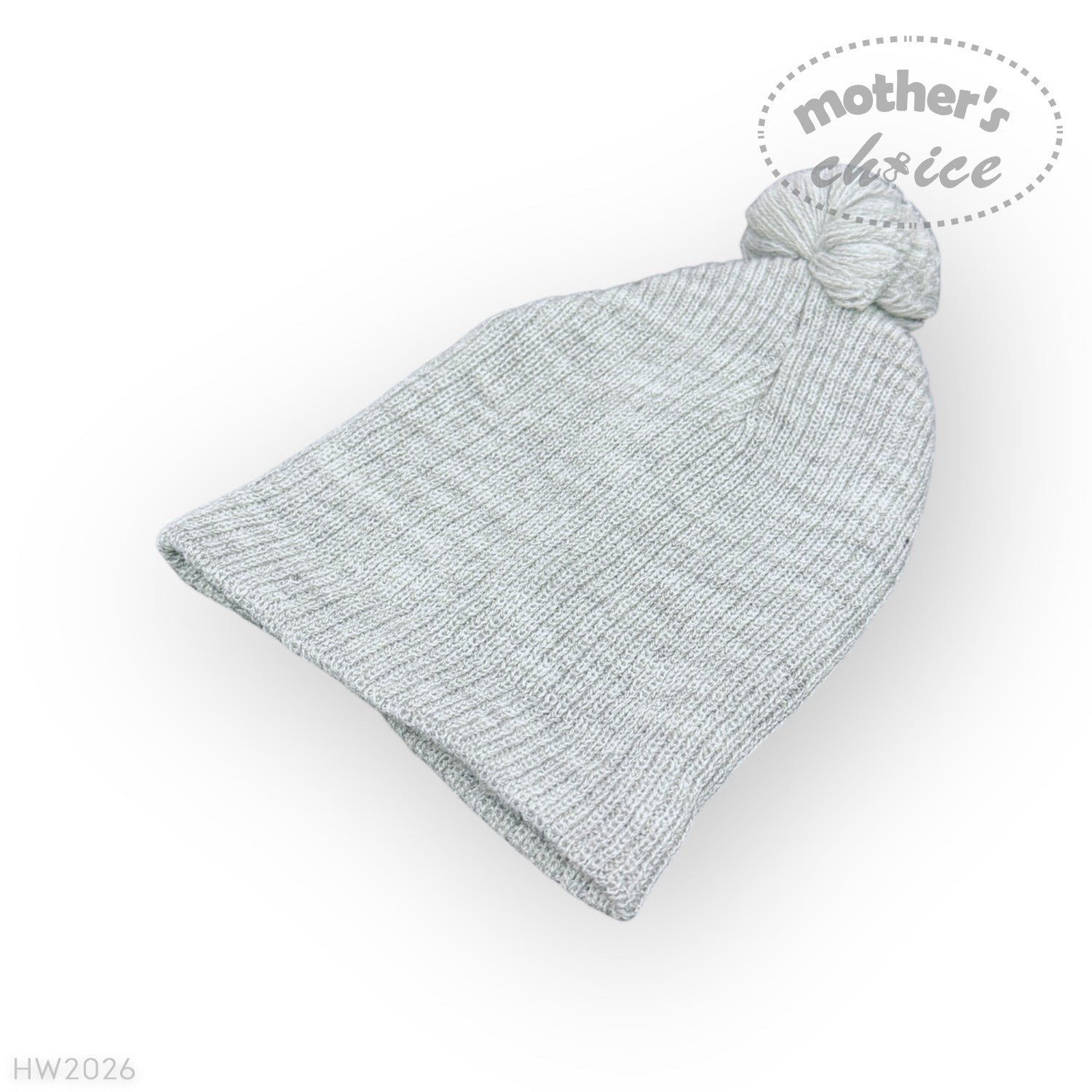 Gray knit baby hat with pom-pom on a white background, branded 'mother's choice'.