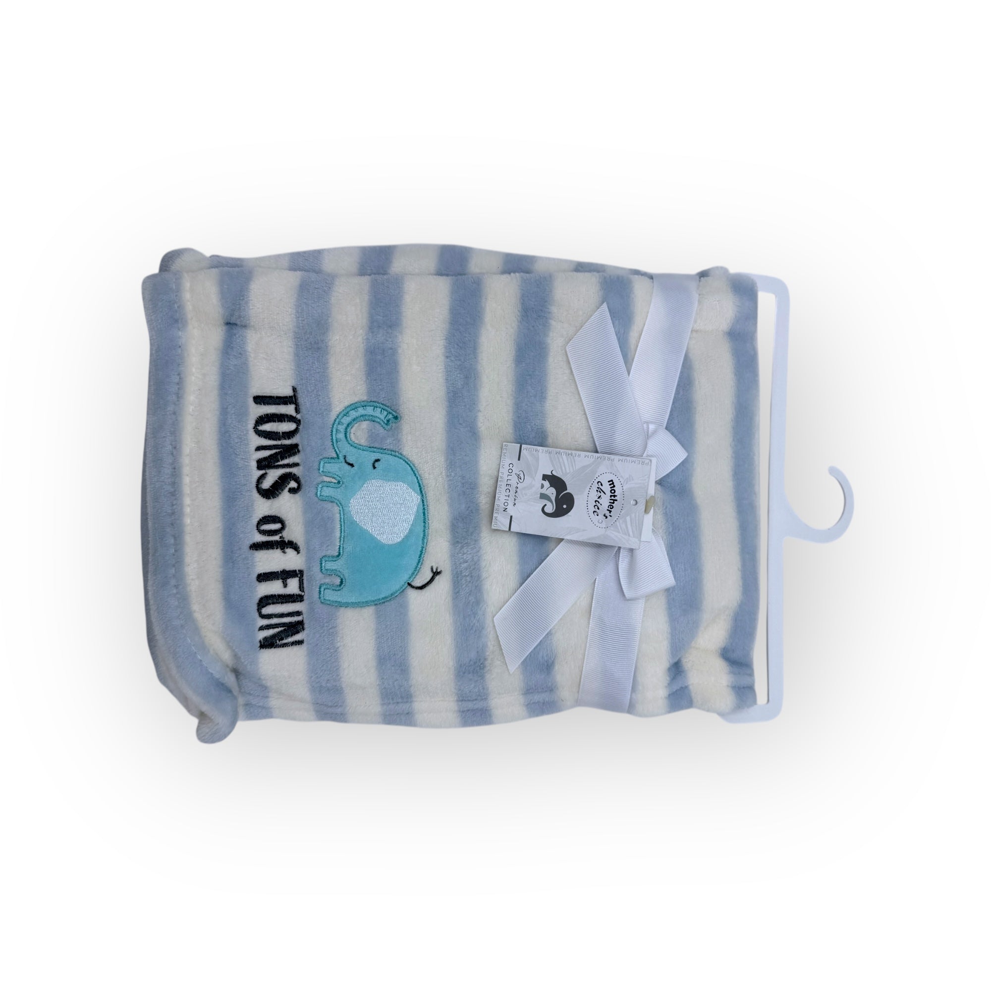 Striped baby blanket with elephant design and 'Tons of Fun' text on a white background