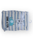 Striped baby blanket with elephant design and 'Tons of Fun' text on a white background