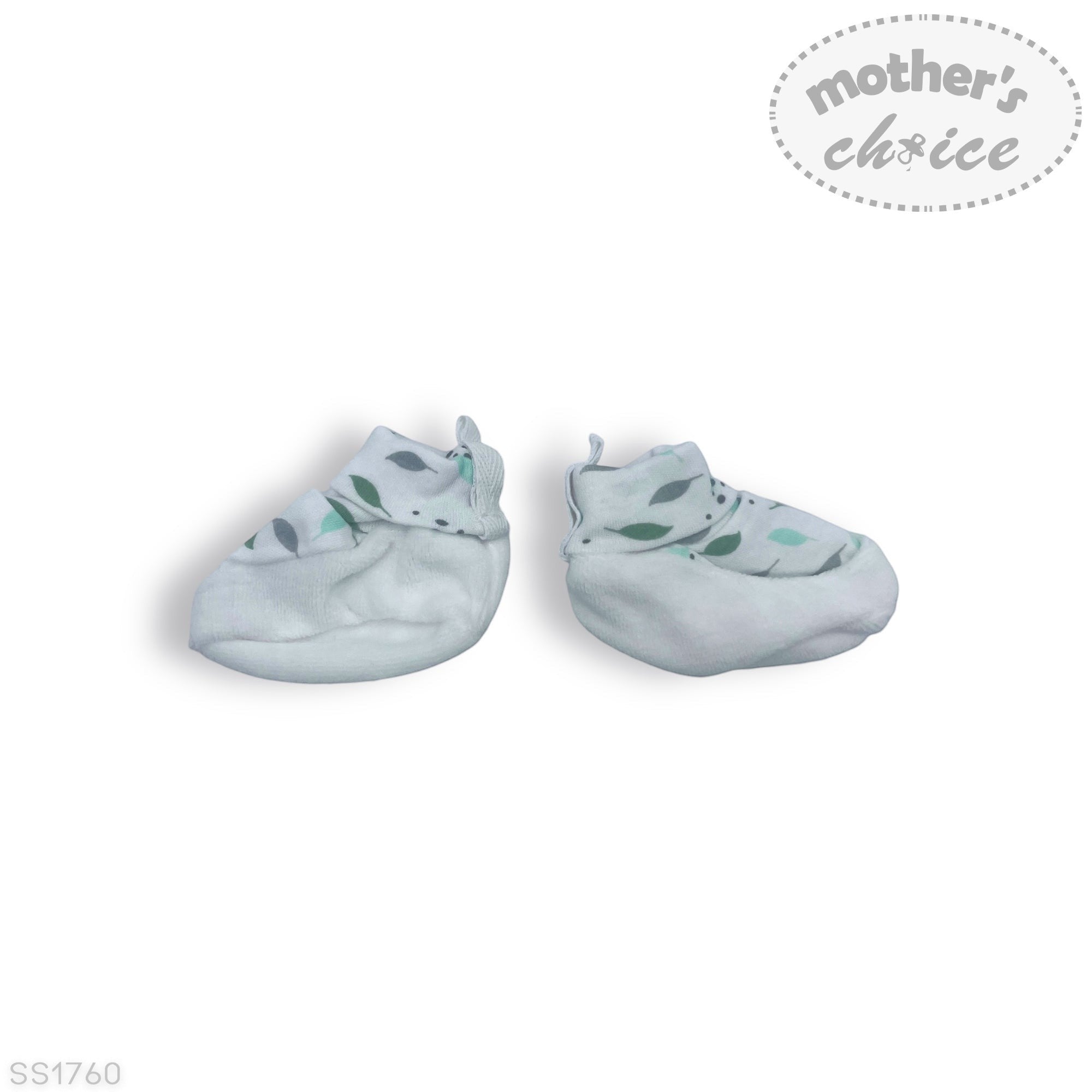 Pair of baby booties with leaf pattern on a white background, branded 'Mother's Choice'.