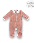 Pink baby onesie with white collar on a white background, featuring 'Mother's Choice' branding.
