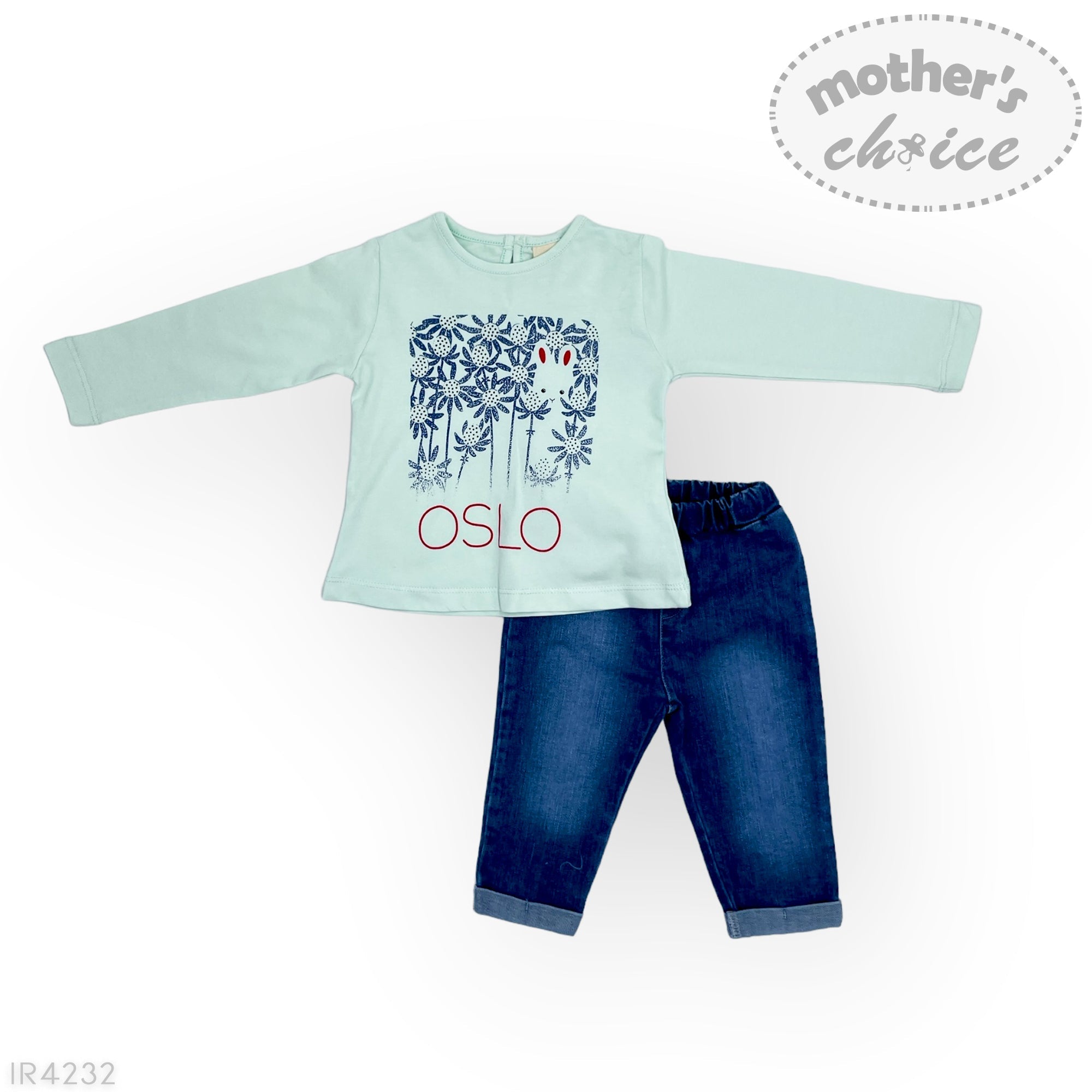 Light blue long-sleeve shirt with 'Oslo' print and blue jeans on a white background, featuring 'Mother's Choice' branding.