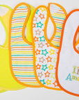 Set of colorful baby bibs with different designs on a white background