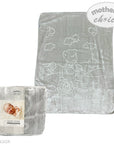 Gray baby blanket with teddy bear design and 'Mother's Choice' packaging on a white background