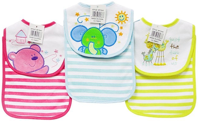 Three baby bibs with colorful designs and stripes, featuring cartoon characters.