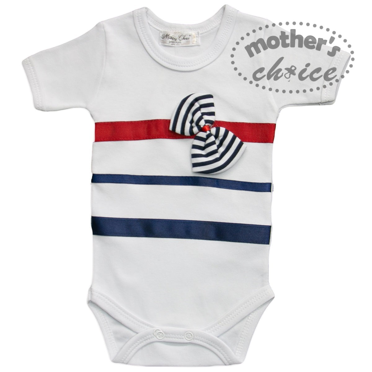 White baby onesie with red and blue stripes and a bow, branded 'Mother's Choice'.