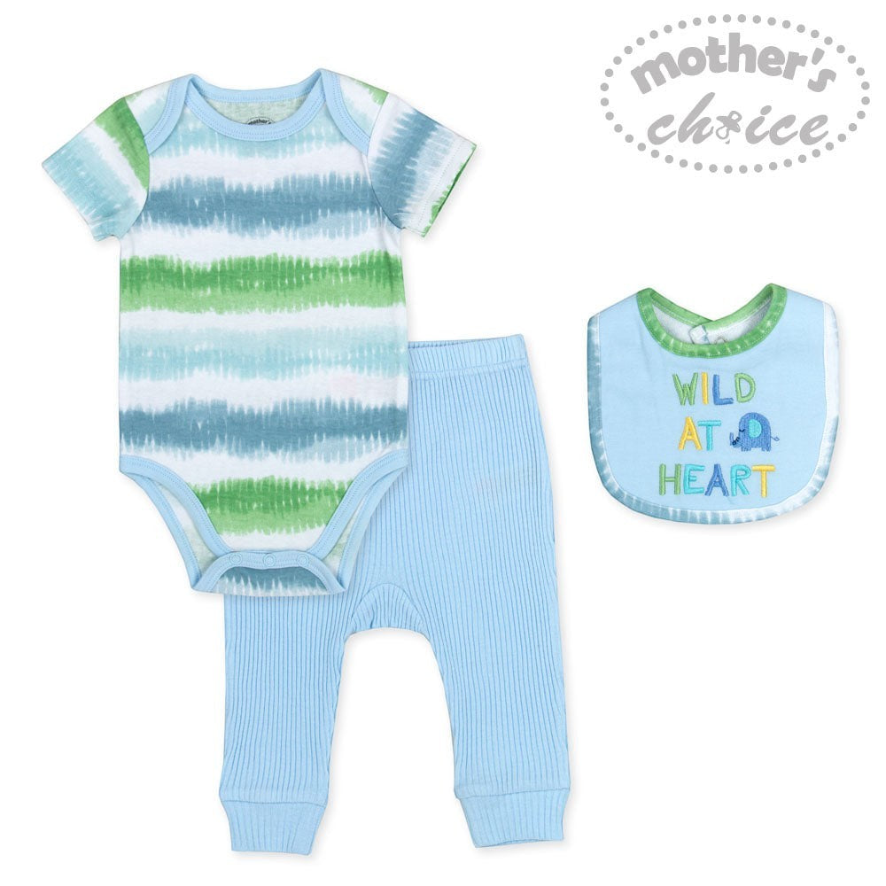 Baby outfit set with striped onesie, pants, and bib on a white background