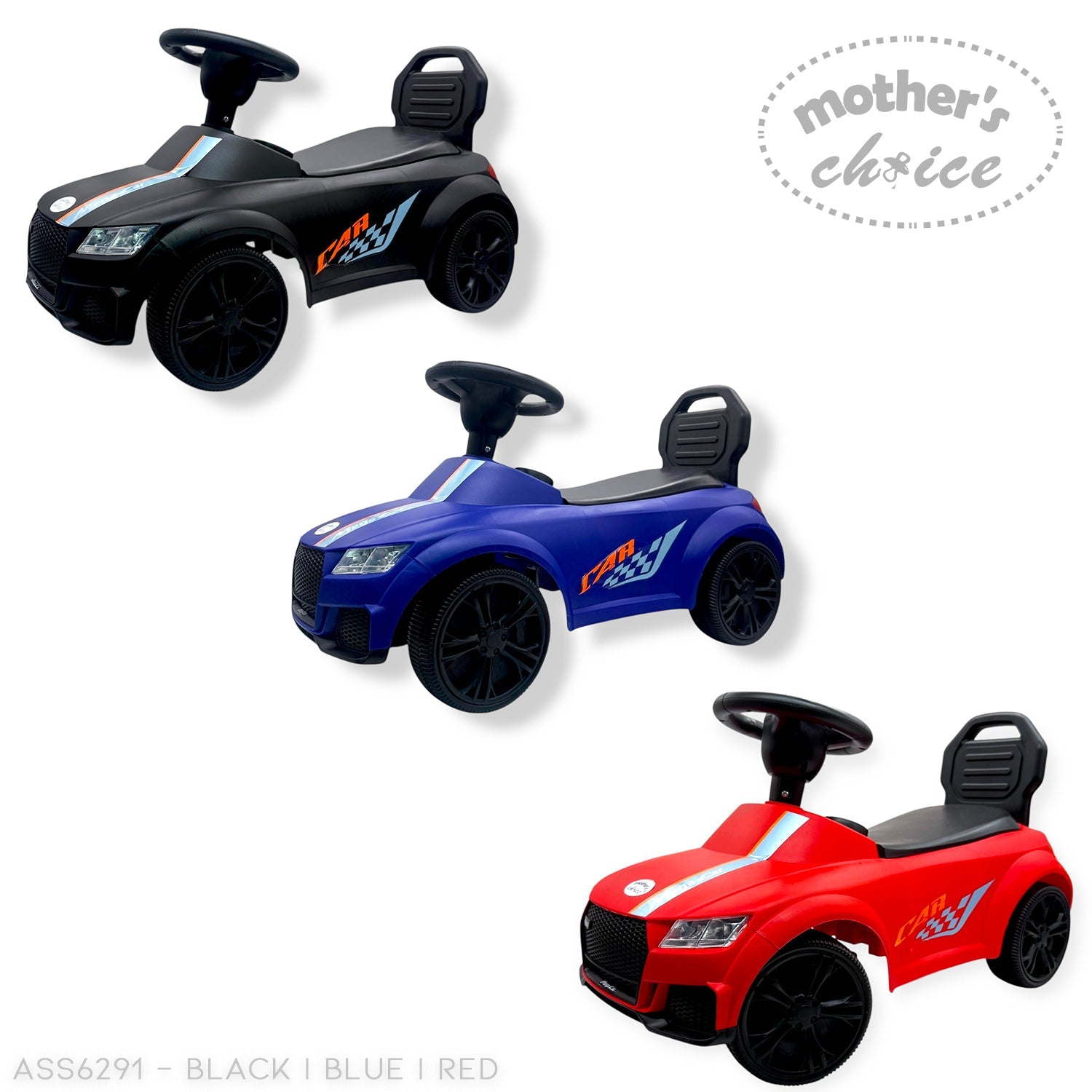 Three toy cars in black, blue, and red on a white background with 'Mother's Choice' branding.