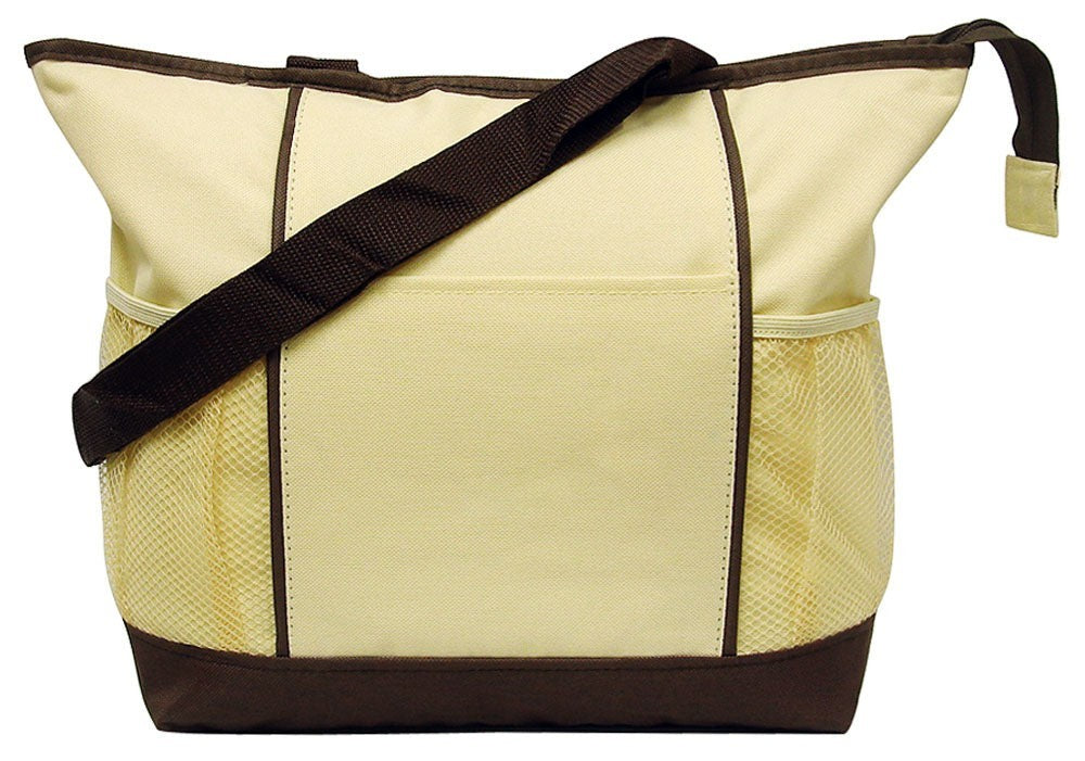 Beige tote bag with brown accents on a white background