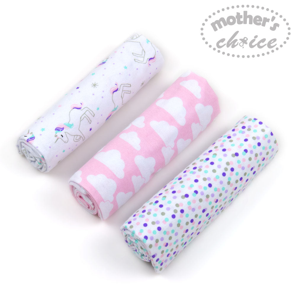Three rolls of patterned fabric with 'mother's choice' branding on a white background
