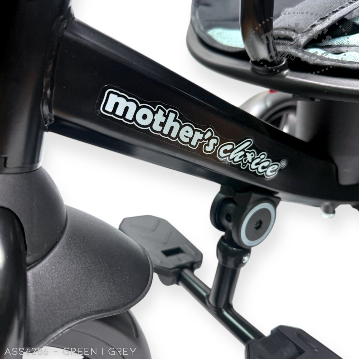 Close-up of a stroller with 'mother's choice' branding on a white background