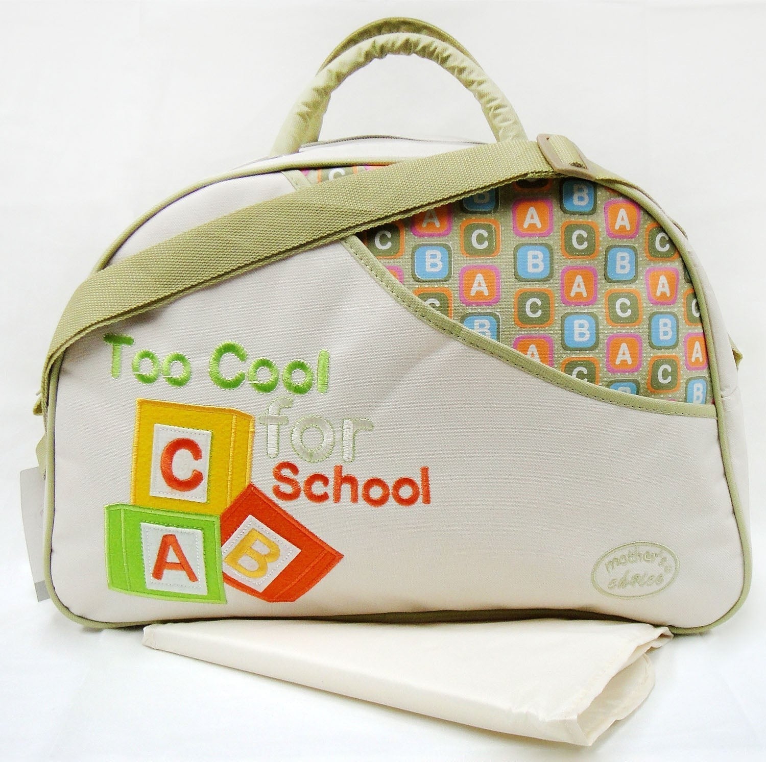 Children's bag with 'Too Cool for School' and alphabet design on a white background