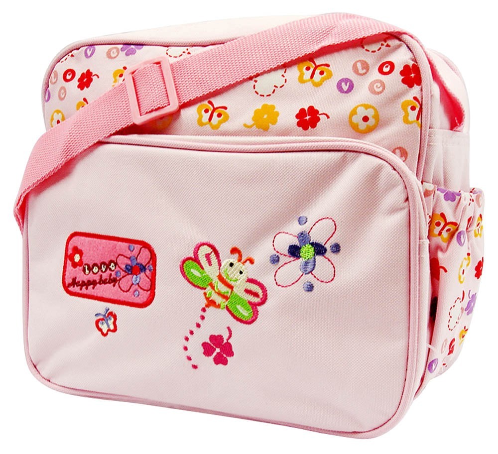 Pink children's bag with floral and butterfly designs on a white background