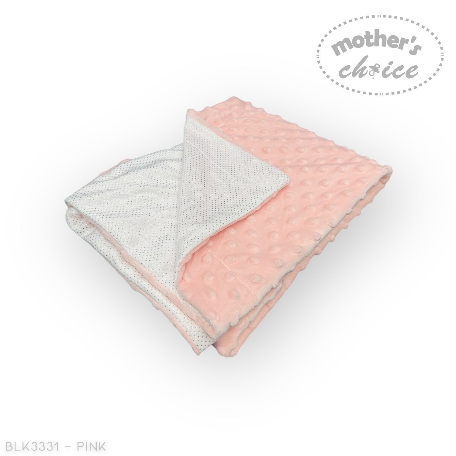 Pink and white baby blanket with 'Mother's Choice' branding on a white background