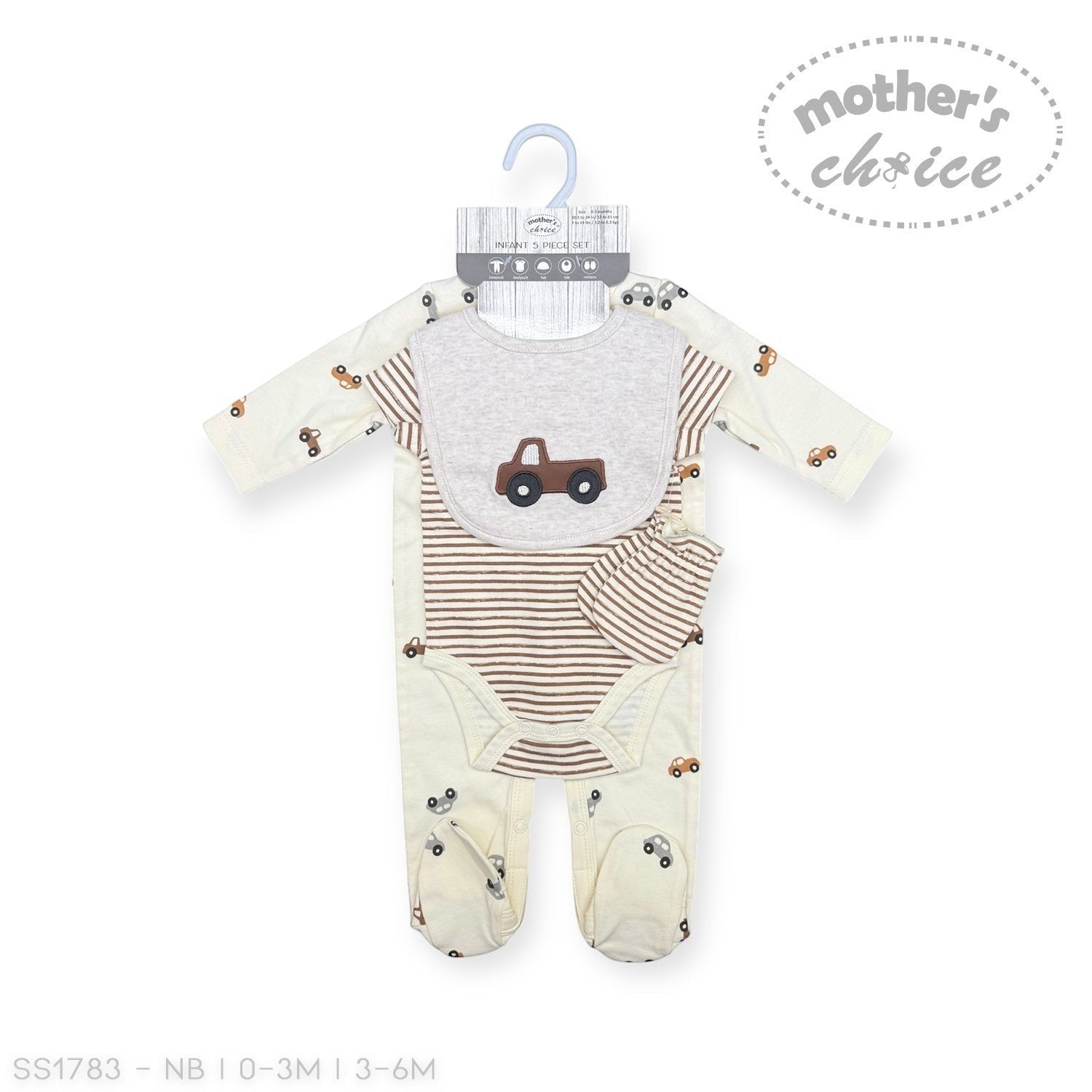 Baby romper with car design on a hanger against a white background, featuring 'Mother's Choice' branding.
