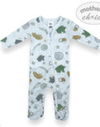 Baby onesie with animal pattern on a white background, featuring 'mother's choice' branding.