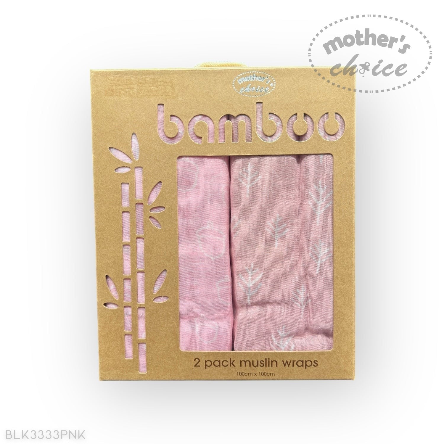 Pack of two pink bamboo muslin wraps with 'Mother's Choice' branding on a white background.
