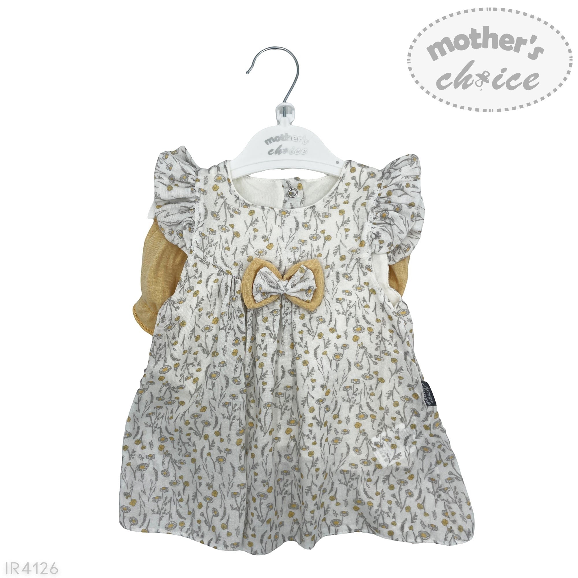 Baby dress with floral pattern and bow on a hanger against a white background, featuring 'mother's choice' branding.