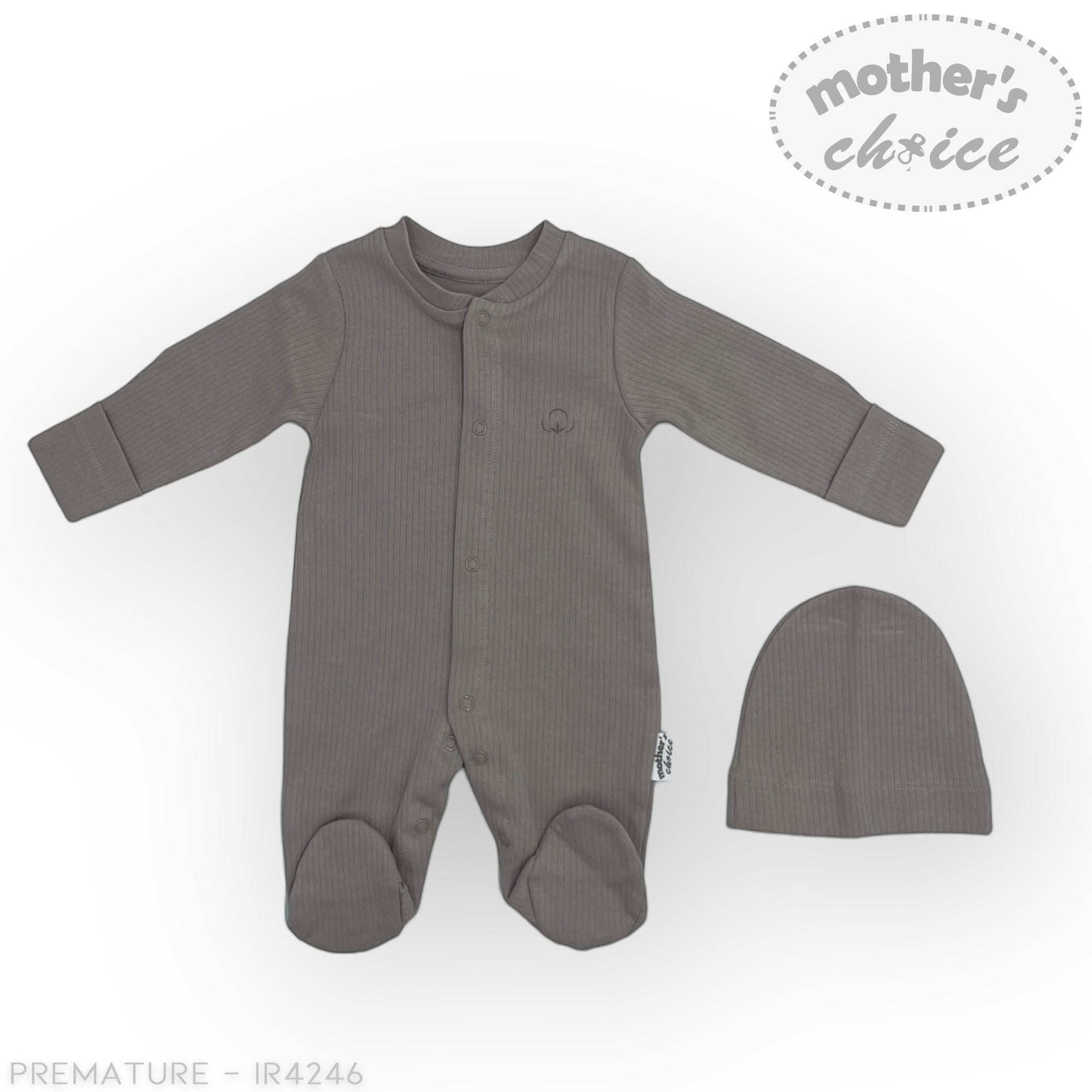 Gray baby onesie and hat set with 'Mother's Choice' branding on a white background