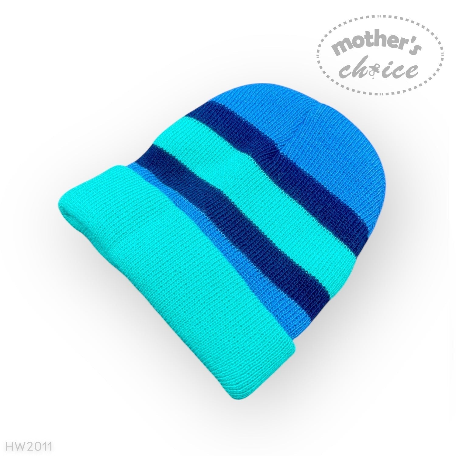 Blue and green striped baby hat on a white background with 'mother's choice' branding.