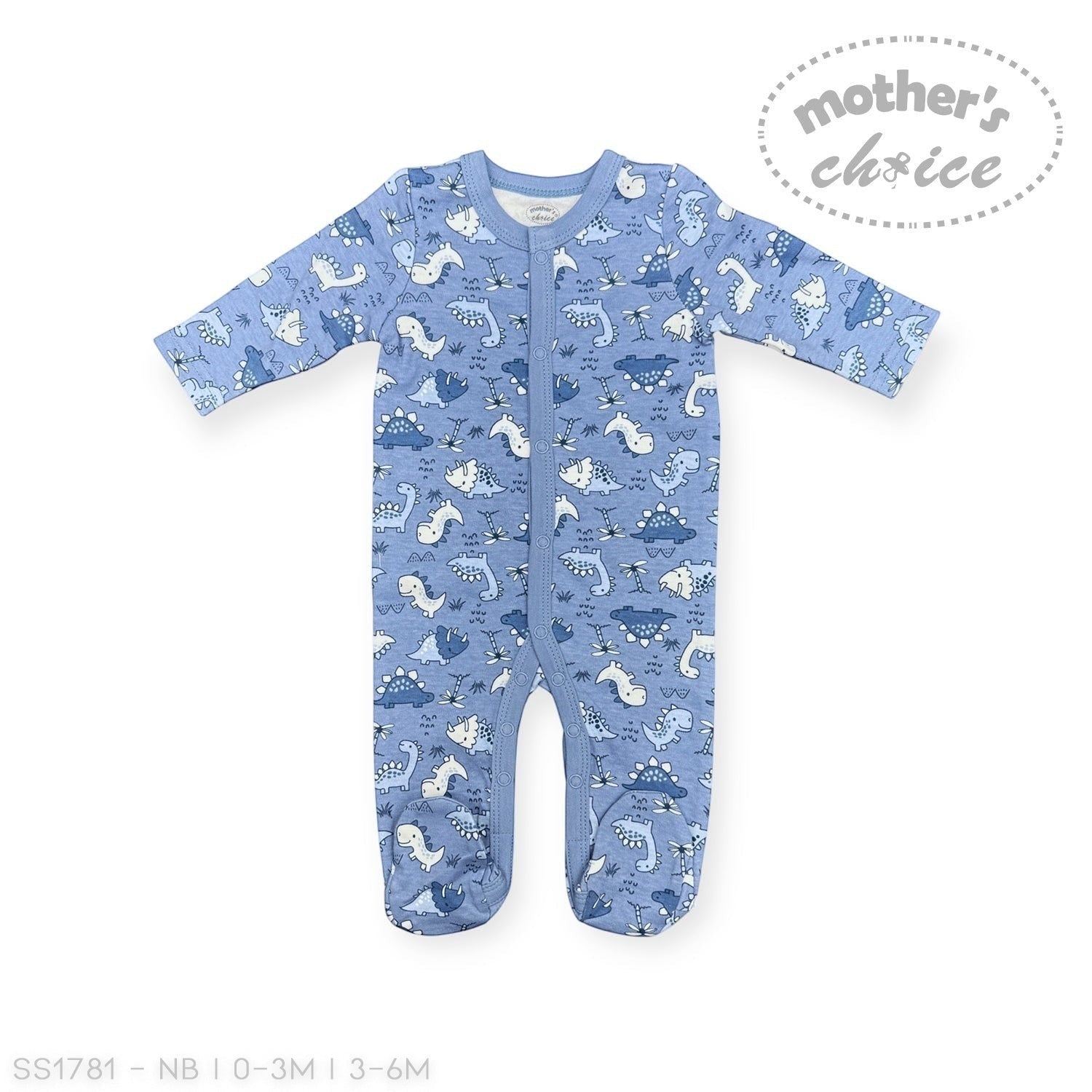 Blue baby onesie with animal pattern on a white background, branded 'Mother's Choice'.