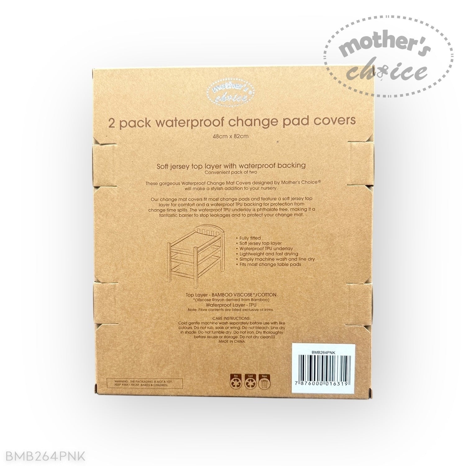 Cardboard packaging for 2-pack waterproof change pad covers with 'Mother's Choice' branding.