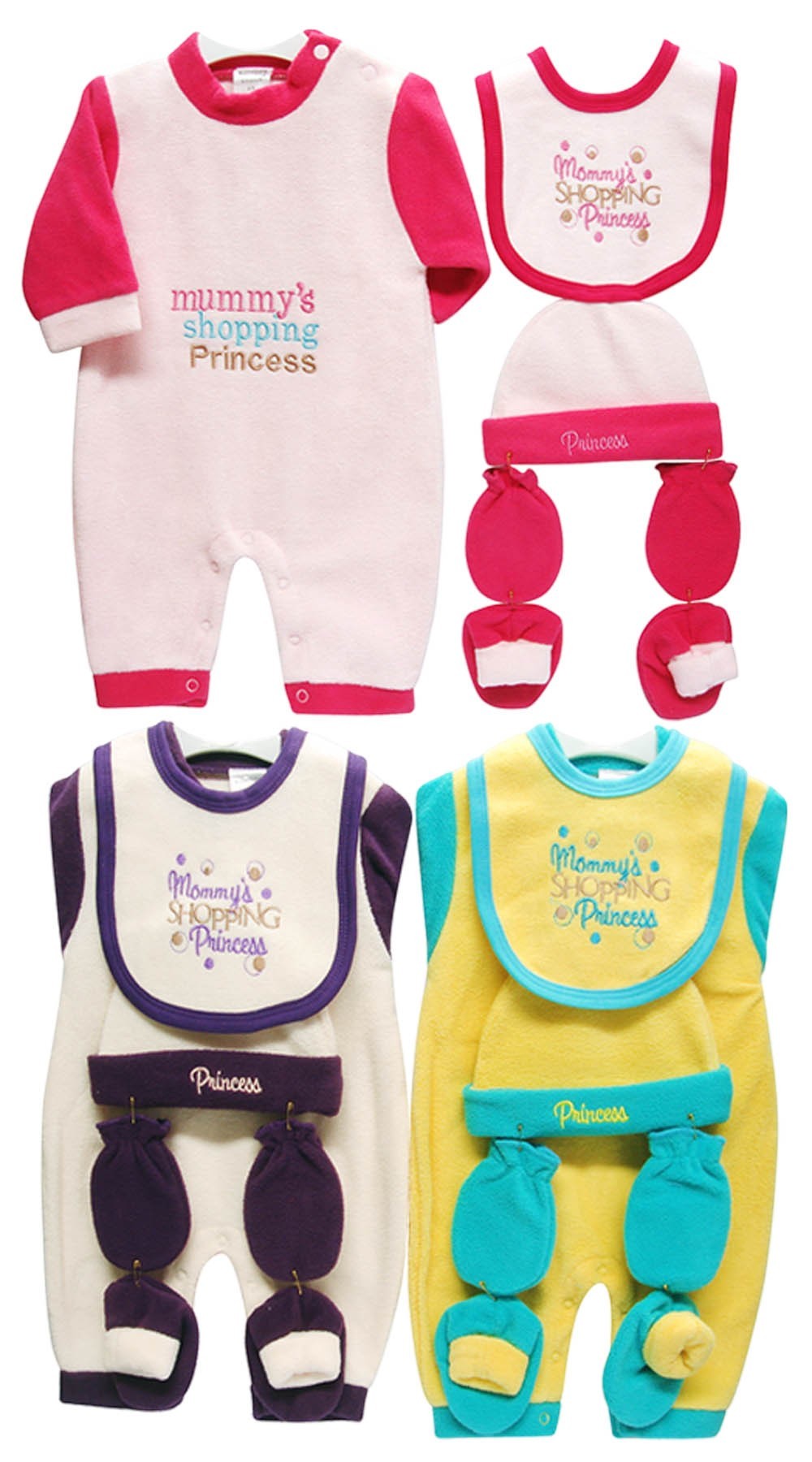 Collection of baby clothing items including rompers, bibs, and hats with 'mummy's shopping princess' text.