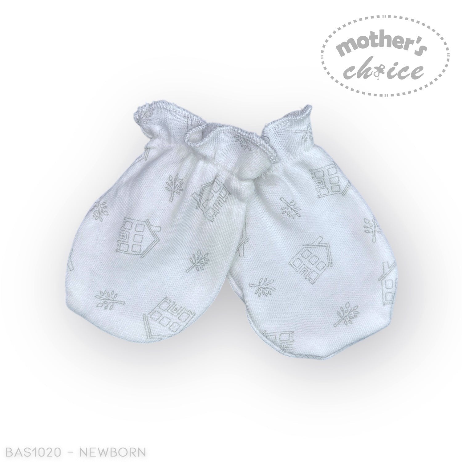 Baby blue mittens with house pattern on a white background, branded 'Mother's Choice'.