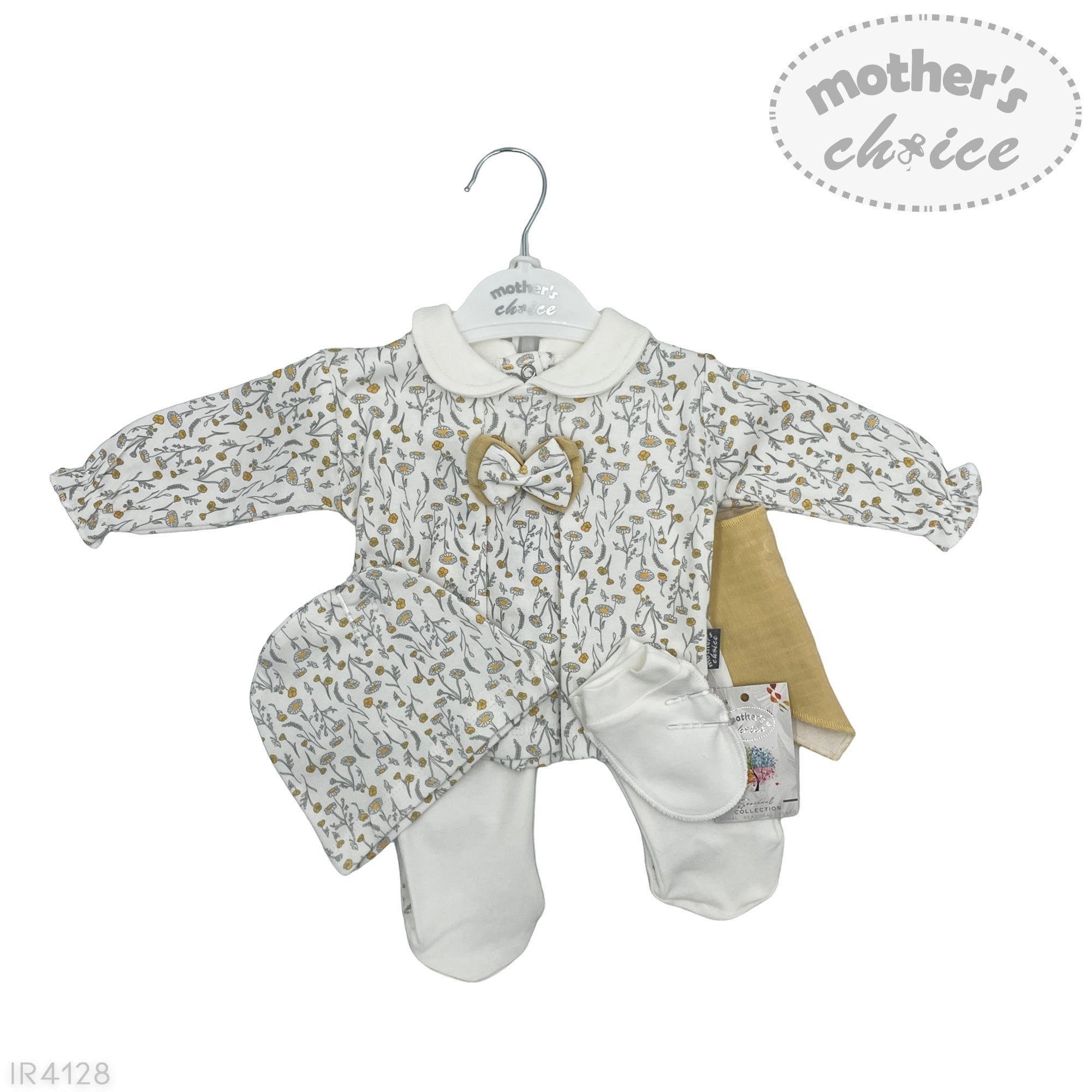 Baby outfit with floral pattern on a hanger against a white background, featuring 'Mother's Choice' branding.