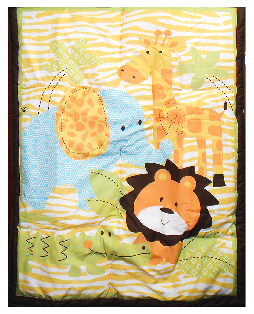 Baby blanket with lion, elephant, and giraffe designs on a yellow background