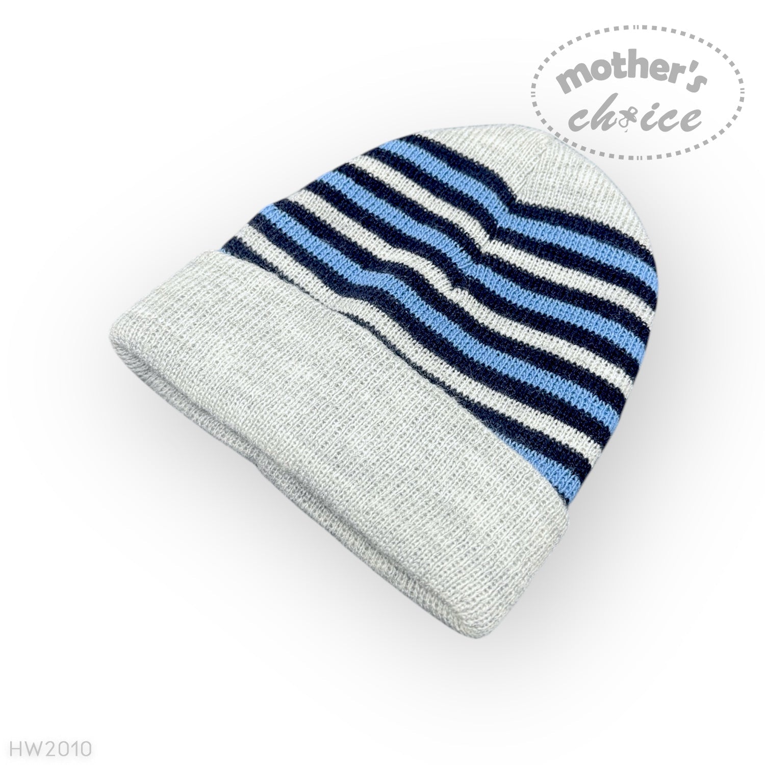 Knitted beanie with blue and navy stripes on a white background