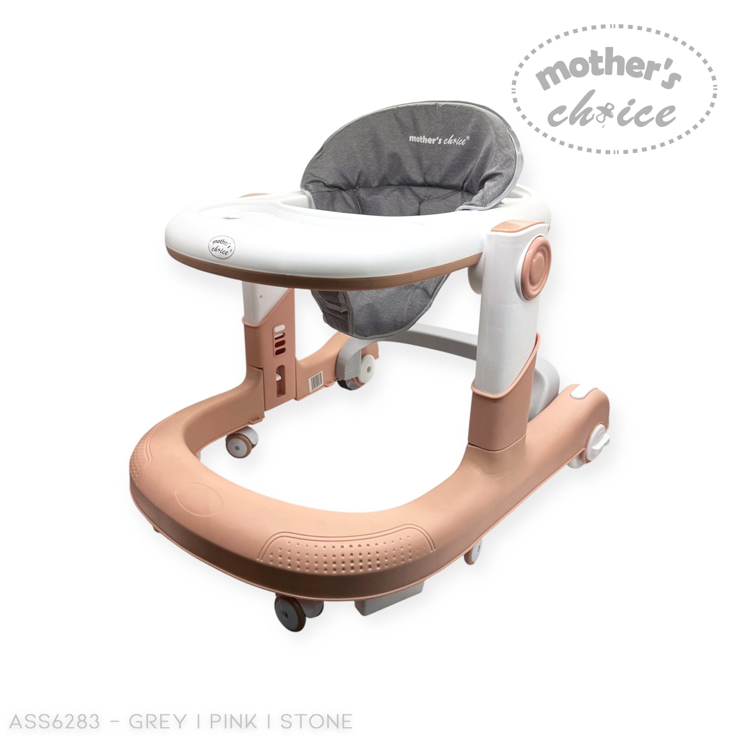 Baby walker with pink and stone design on a white background, featuring 'Mother's Choice' branding.