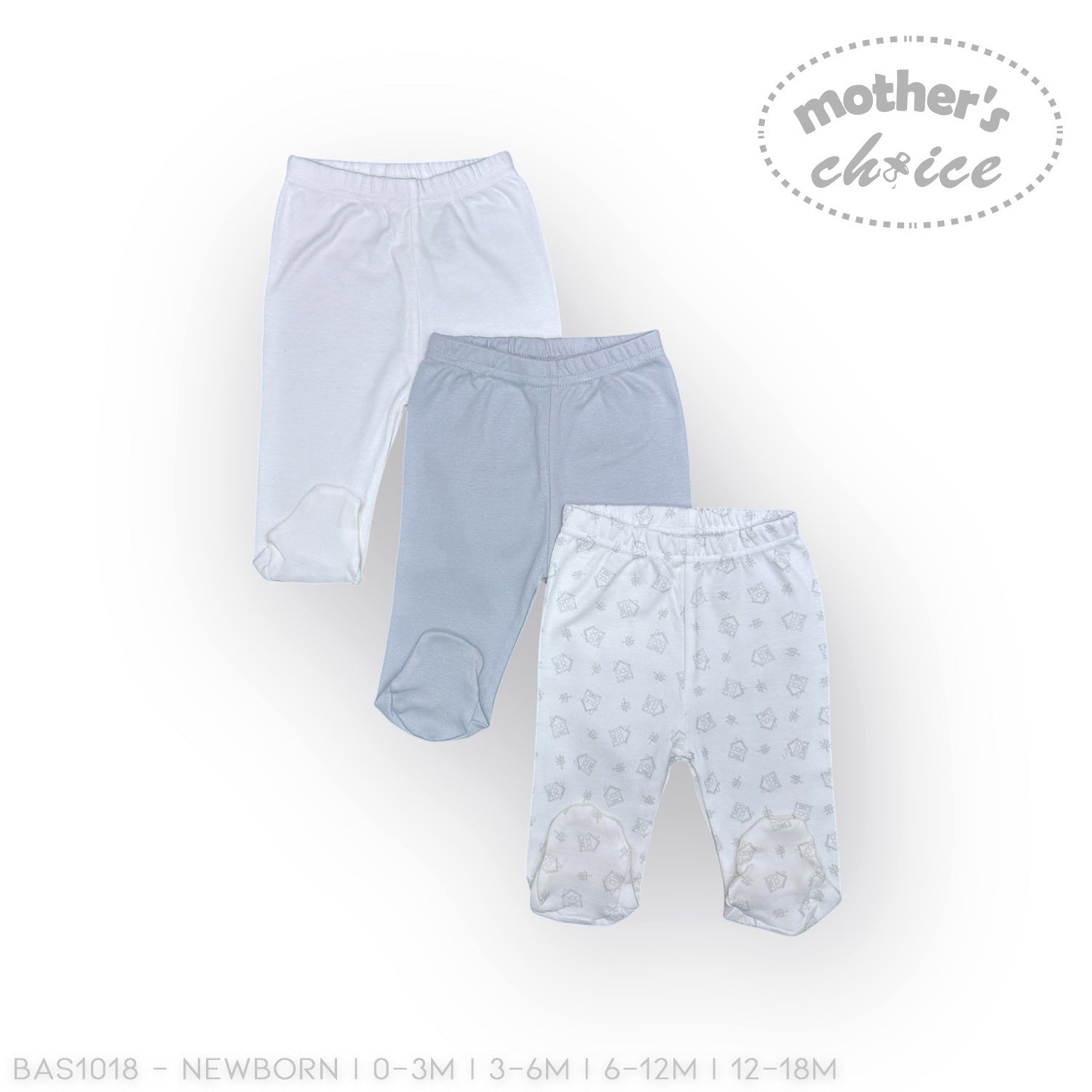 Three pairs of baby pants from newborn to 18 months on a white background with 'Mother's Choice' branding.