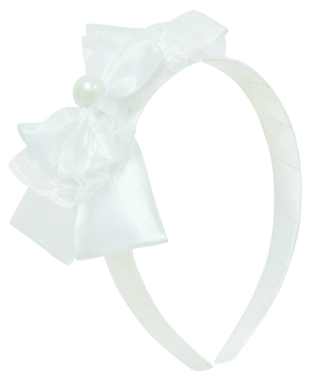 Mothers Choice Girls Alice Band White Satin/Lace Bows And Pearl