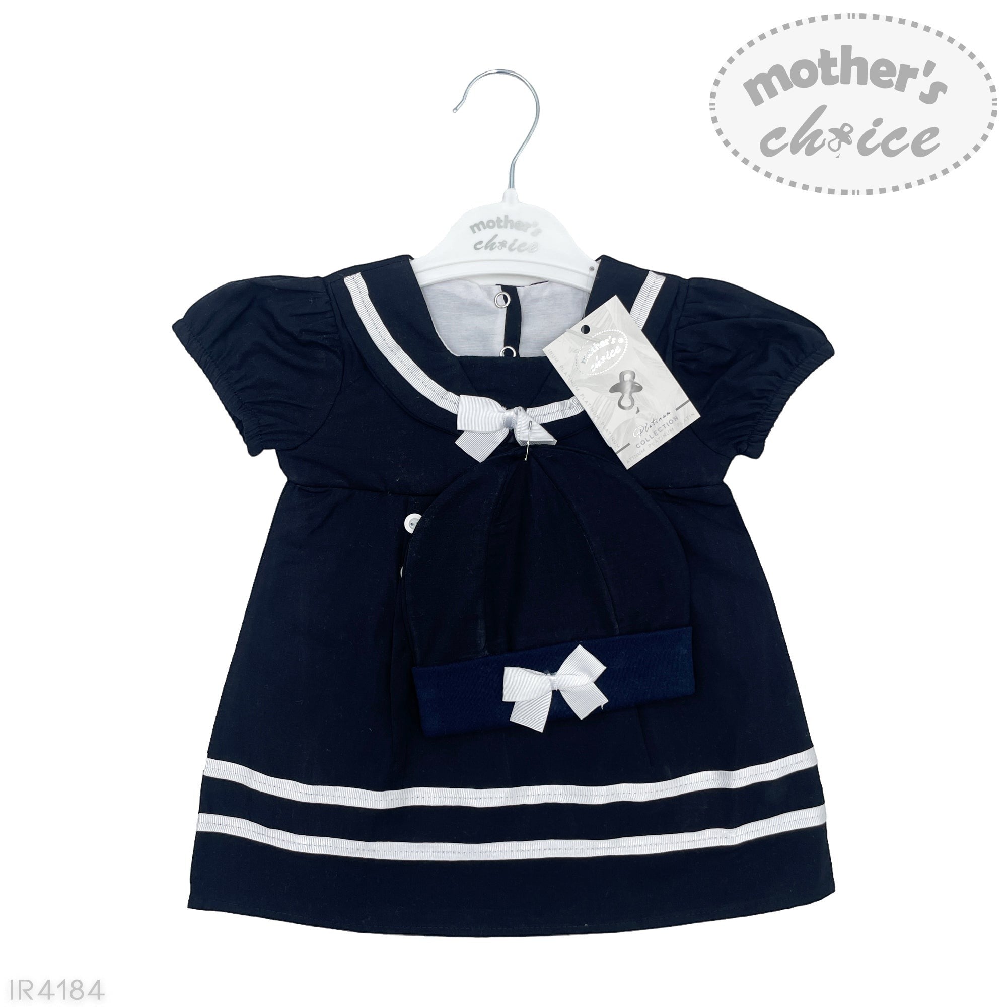 Navy blue dress with white accents on a hanger, branded 'Mother's Choice'.