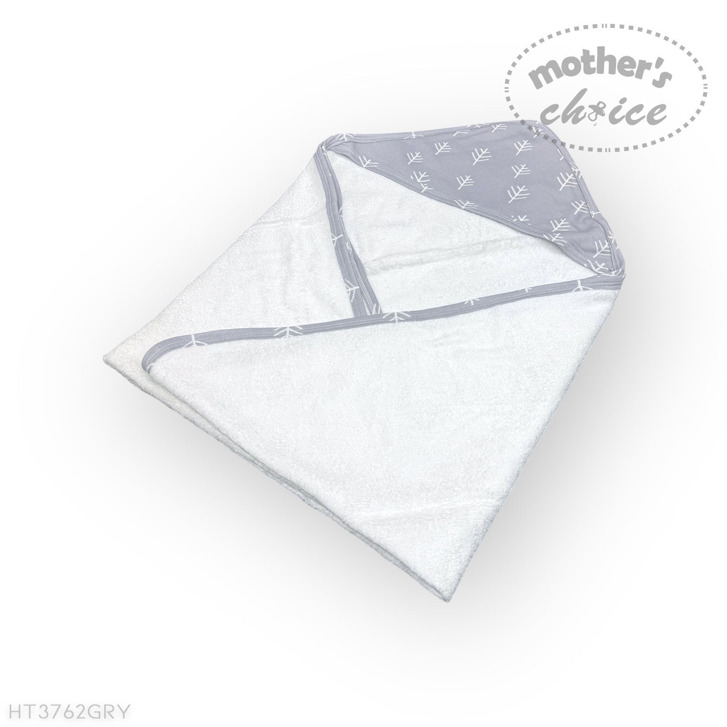 Baby blanket with gray hood and white body on a light gray background, branded 'Mother's Choice'.