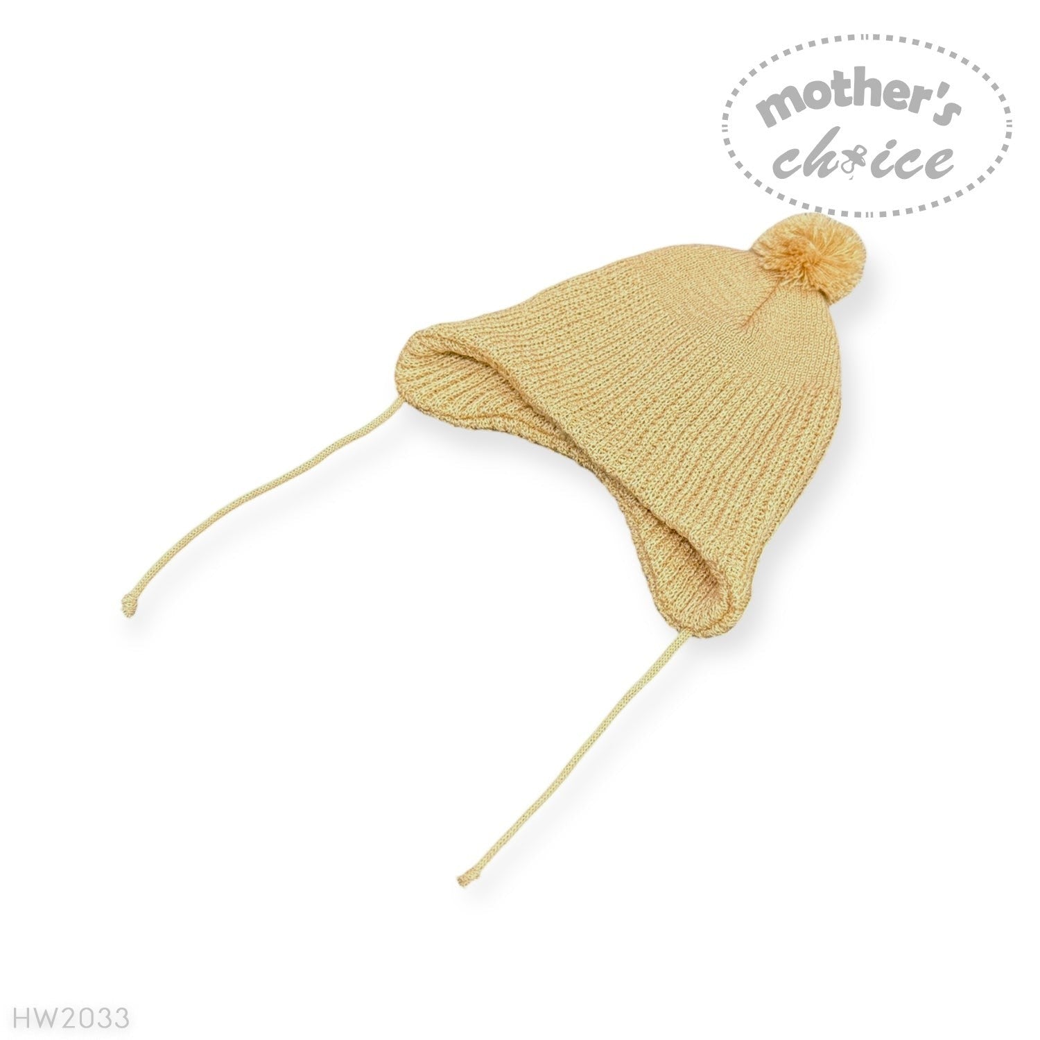 Yellow knit baby hat with a pom-pom on a white background, branded 'Mother's Choice'.
