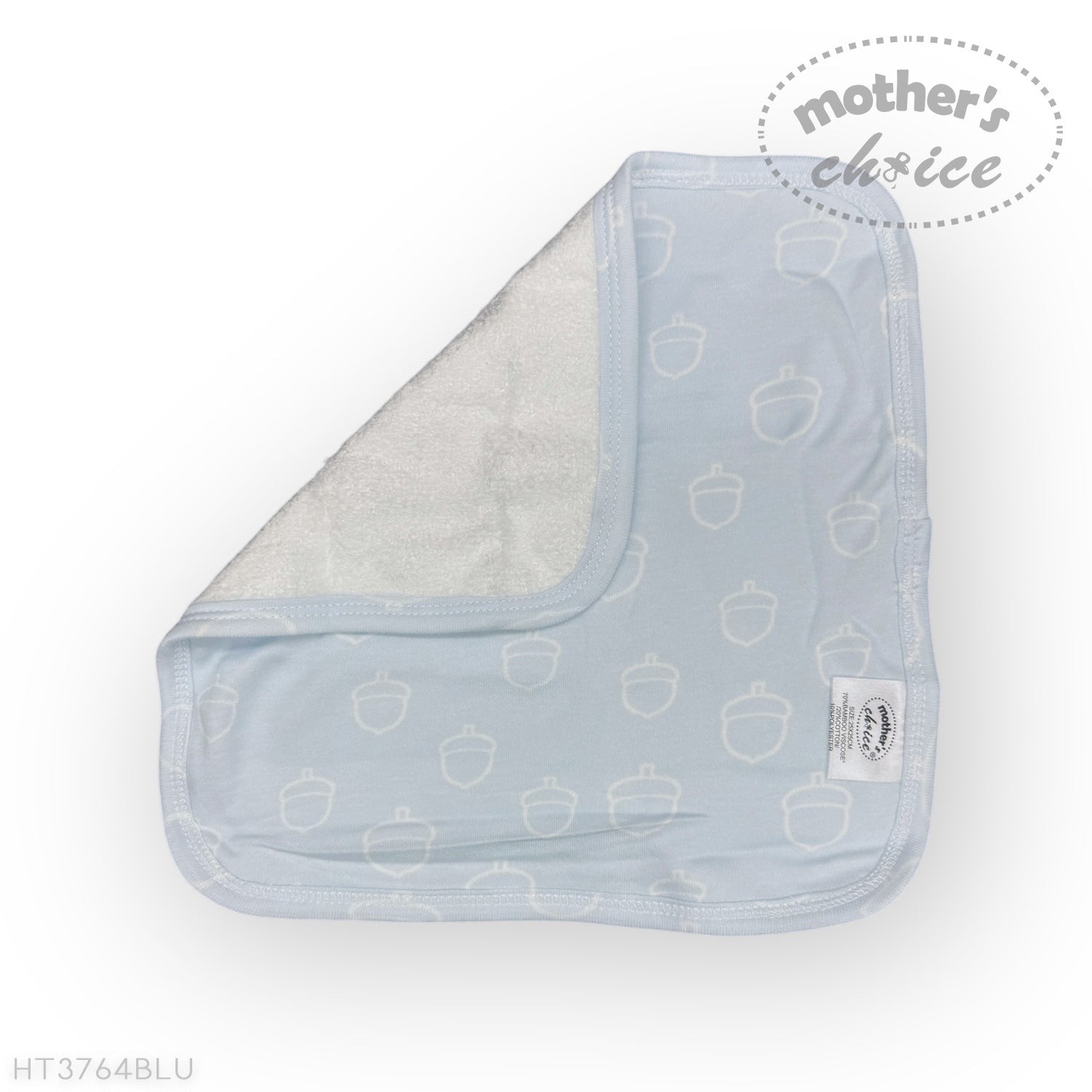 Baby bib with acorn pattern on a white background, branded 'Mother's Choice'.