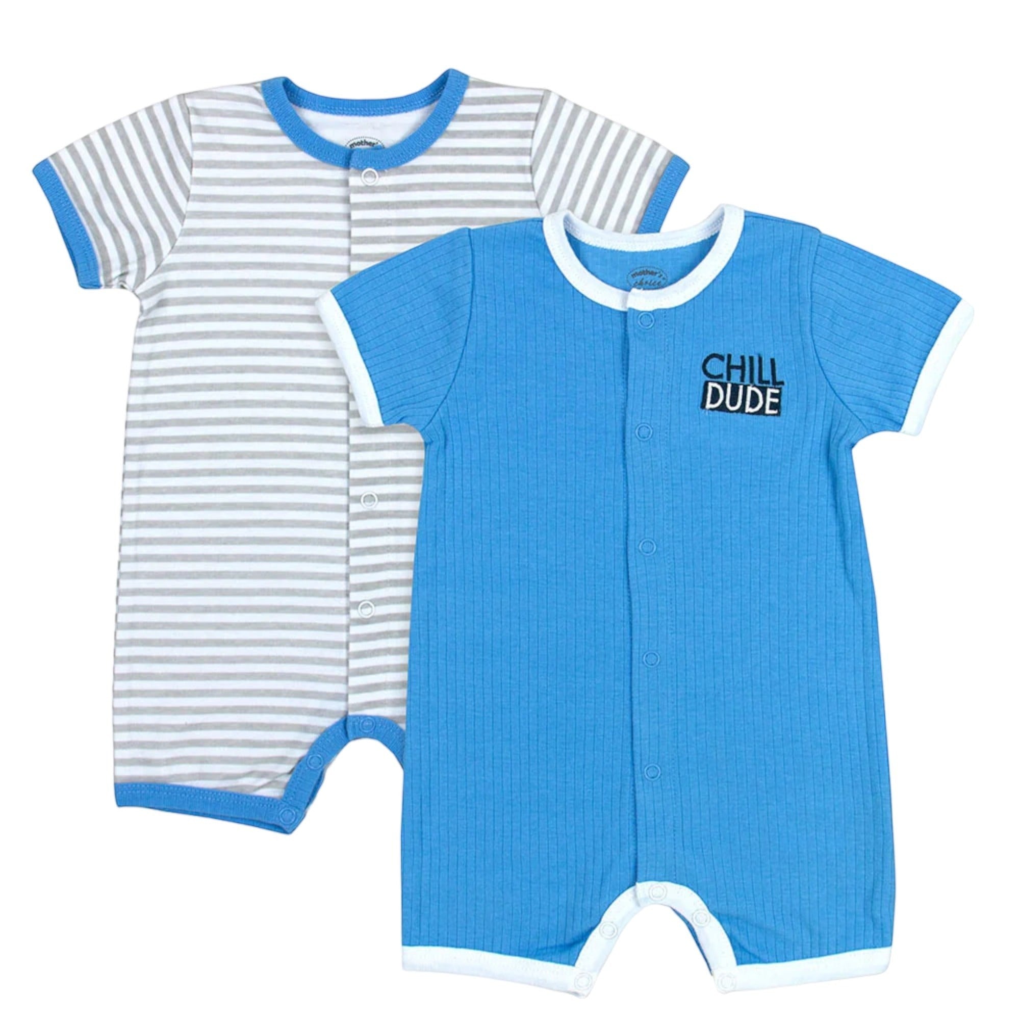 Two baby rompers, one striped and one with 'Chill Dude' text, on a white background.