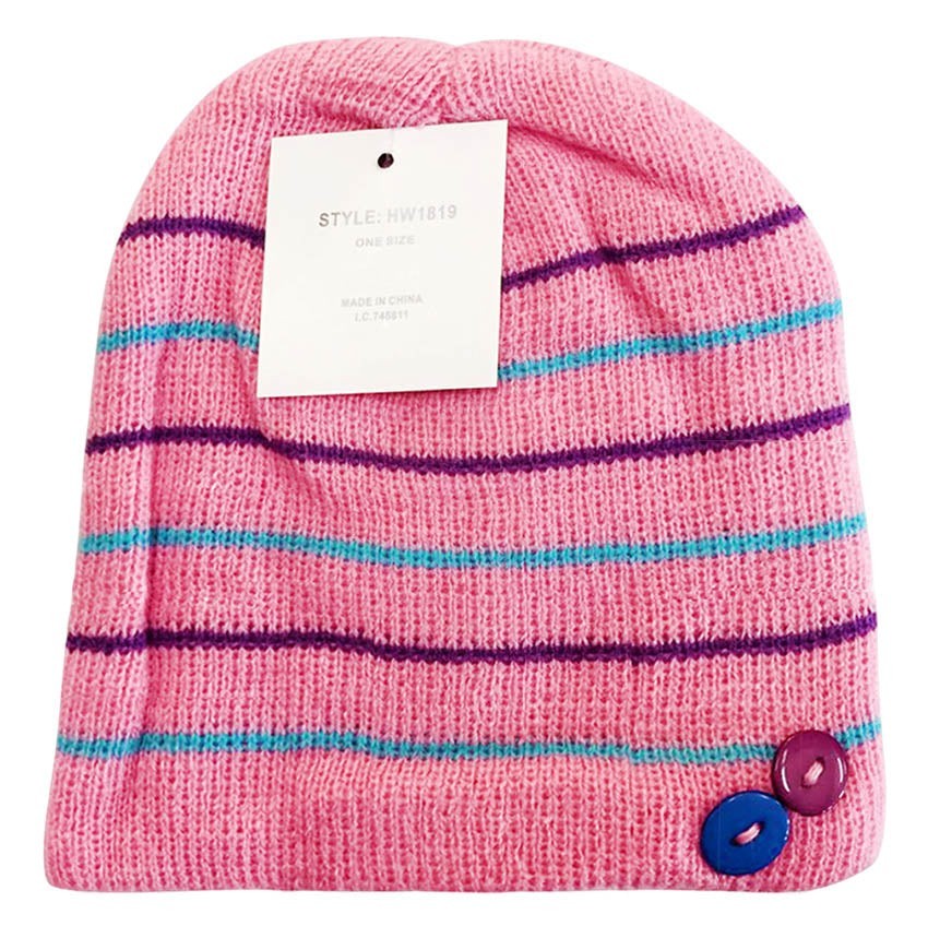 Pink knit beanie with blue and purple stripes and a button on a white background
