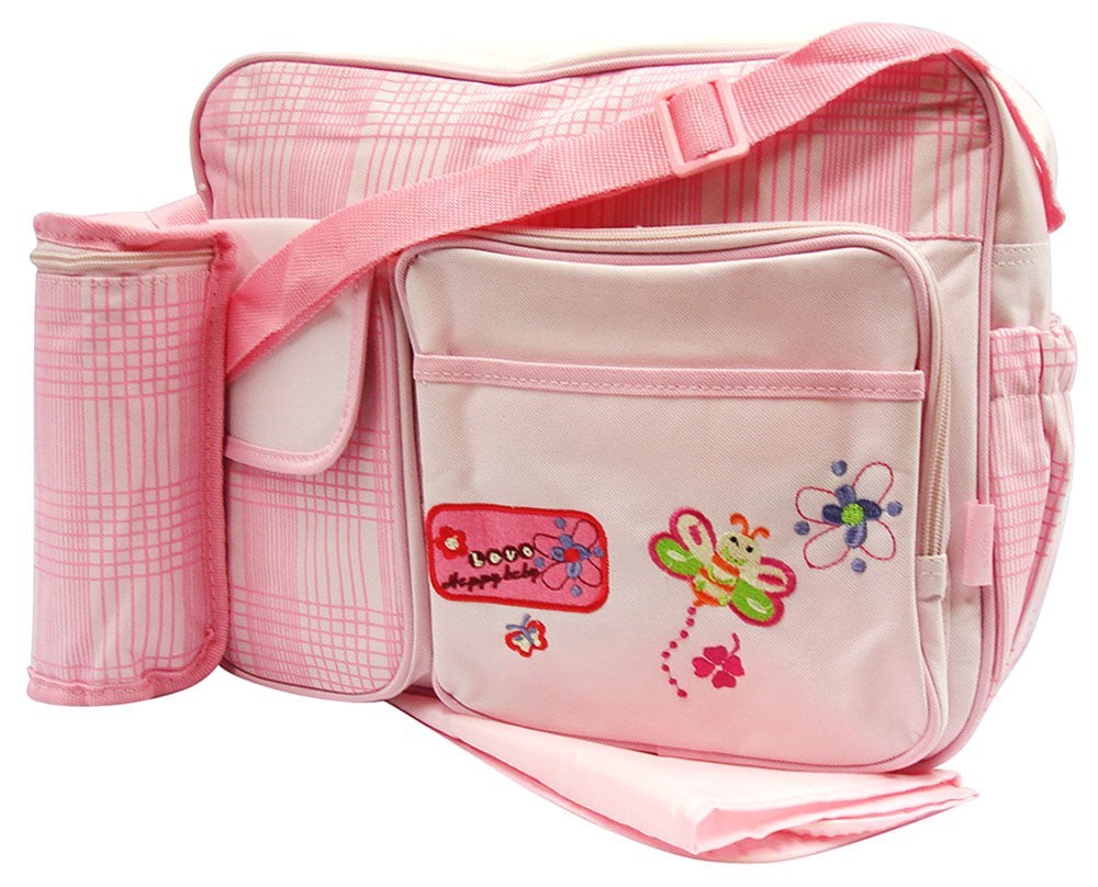 Pink diaper bag with butterfly design on a white background