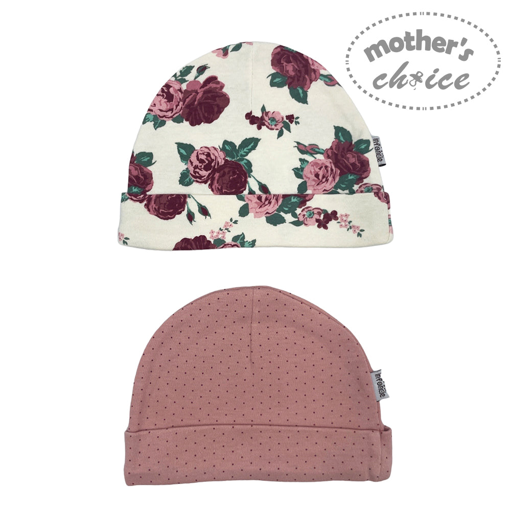 Two baby hats with floral and pink patterns on a white background, branded 'mother's choice'.