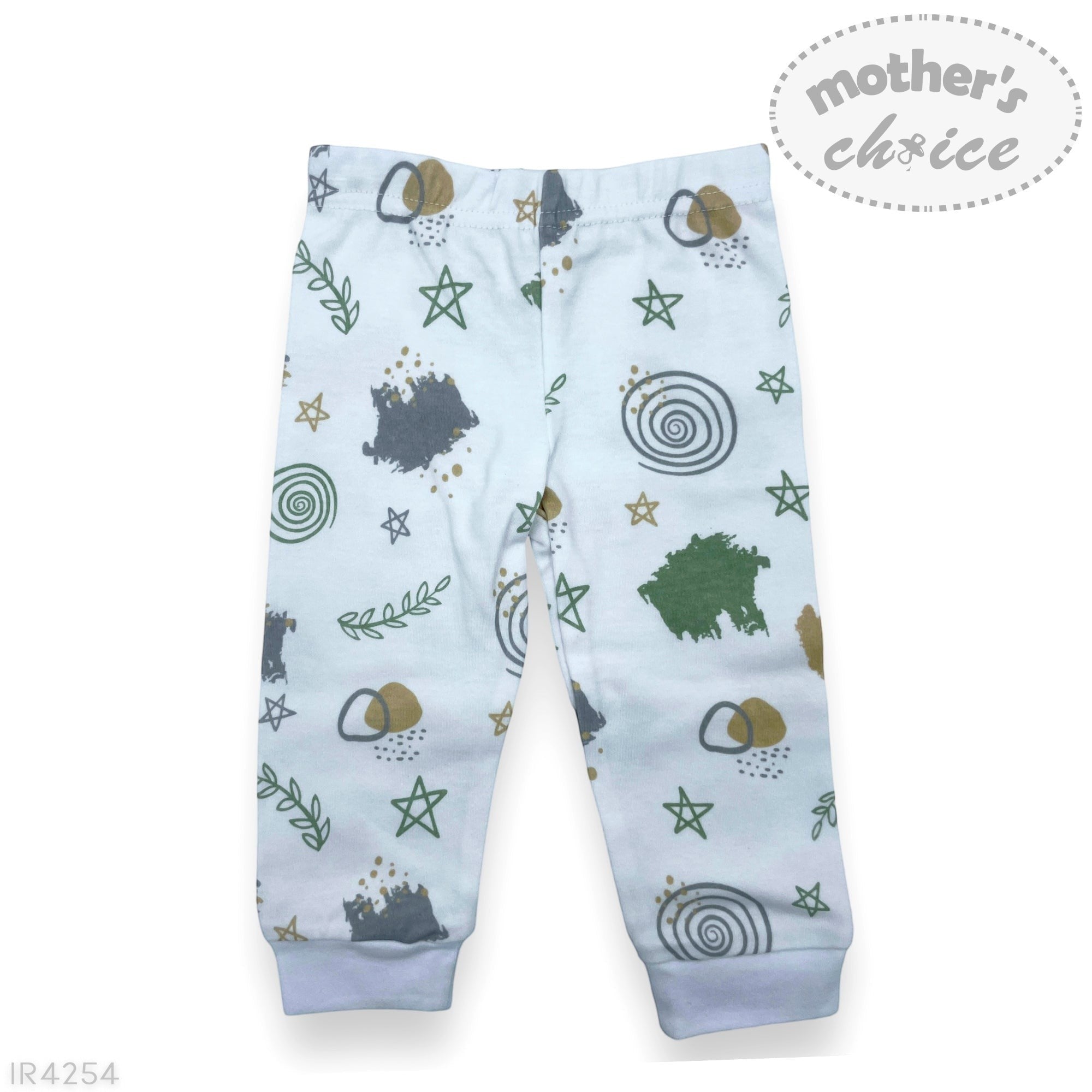 Baby leggings with nature-themed print on a white background, featuring 'Mother's Choice' branding.