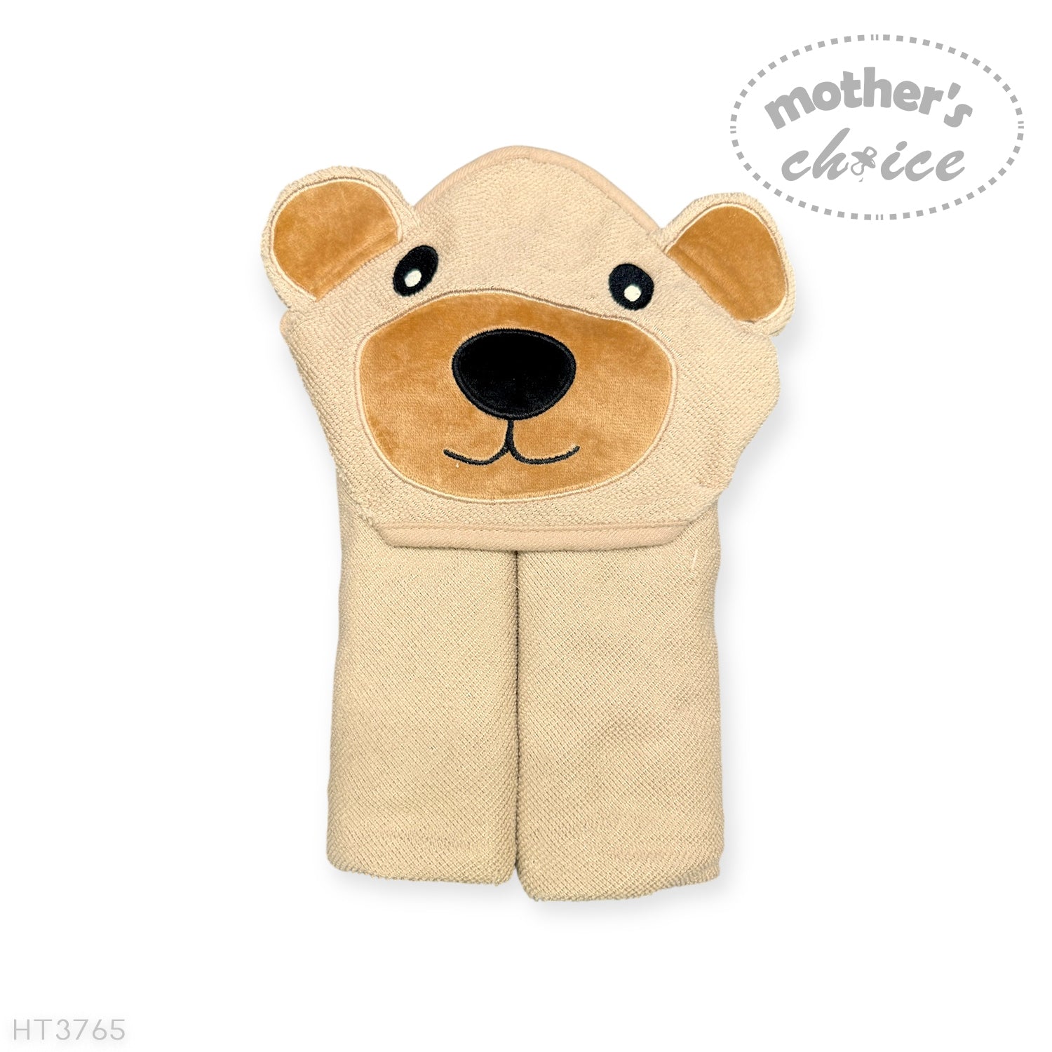 Beige towel with bear face design on a white background, featuring 'Mother's Choice' branding.