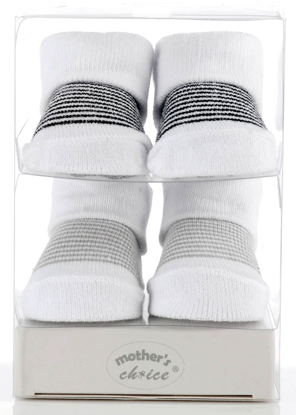White baby socks with black stripes in a clear packaging box labeled 'mother's choice'.