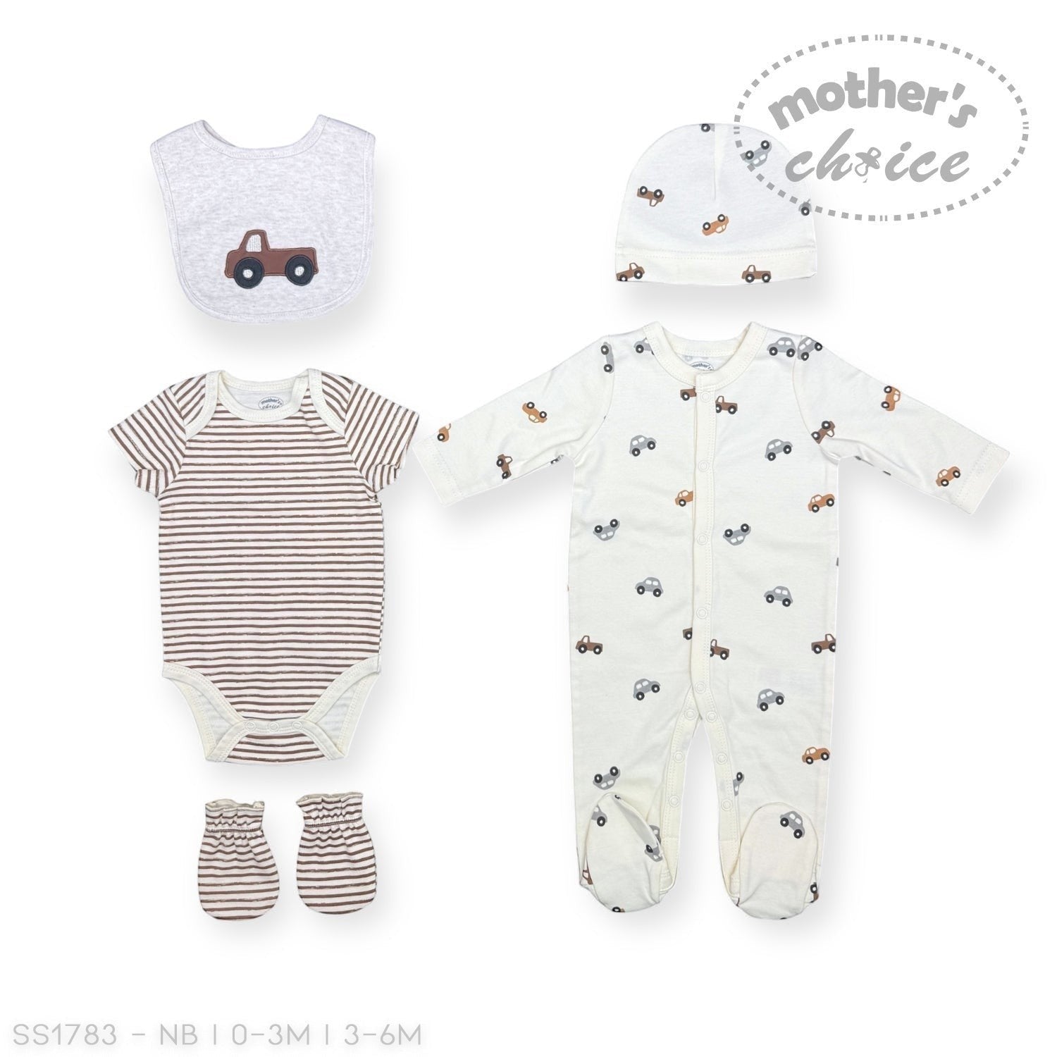 Baby clothing set with onesie, romper, hat, and booties on a white background.